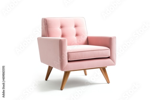 Threequarter View Blush Pink Mid Century Modern Armchair On White Background. Generative AI