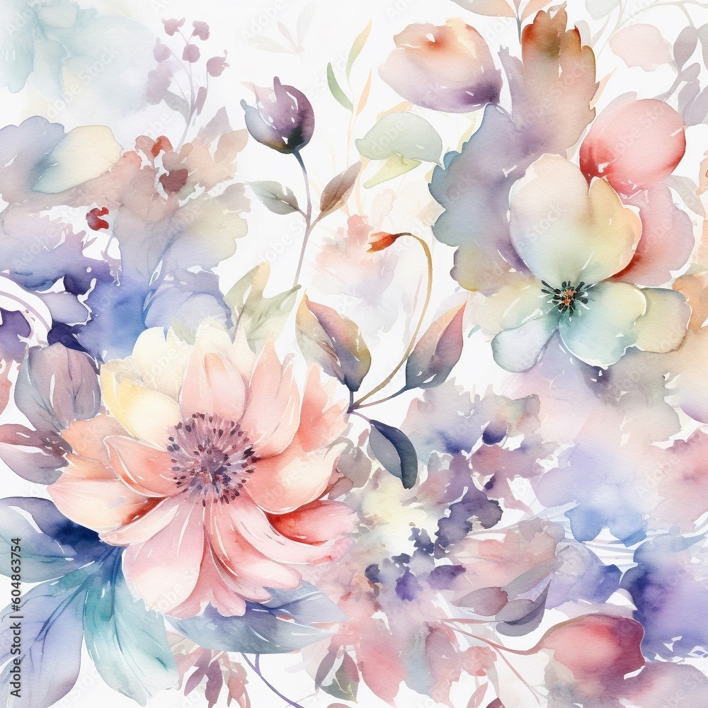 Seamless summer pattern with watercolor flowers.  Illustration. Generative AI. - obrazy, fototapety, plakaty 