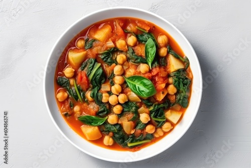 Top View Vegan Chickpea Spinach Stew On White Round Plate On White Background. Generative AI