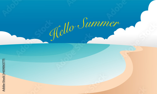beach background vector illustration with blue sky and clouds for summer holiday season. hello summer illustration design with beach and beautiful sky landscape for wallpaper, banner and poster