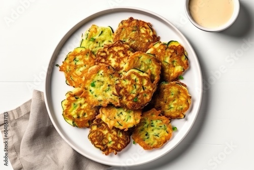 Top View Vegan Zucchini Fritters On White Round Plate On White Background. Generative AI