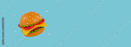 render 3d model of a cheeseburger with flying seeds on a blue background. advertising space, juicy toy-looking burger for children's cafe advertising