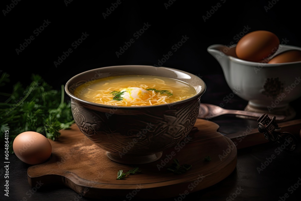 Egg Soup, Chicken Eggs Soup Bowl, Abstract Generative AI Illustration