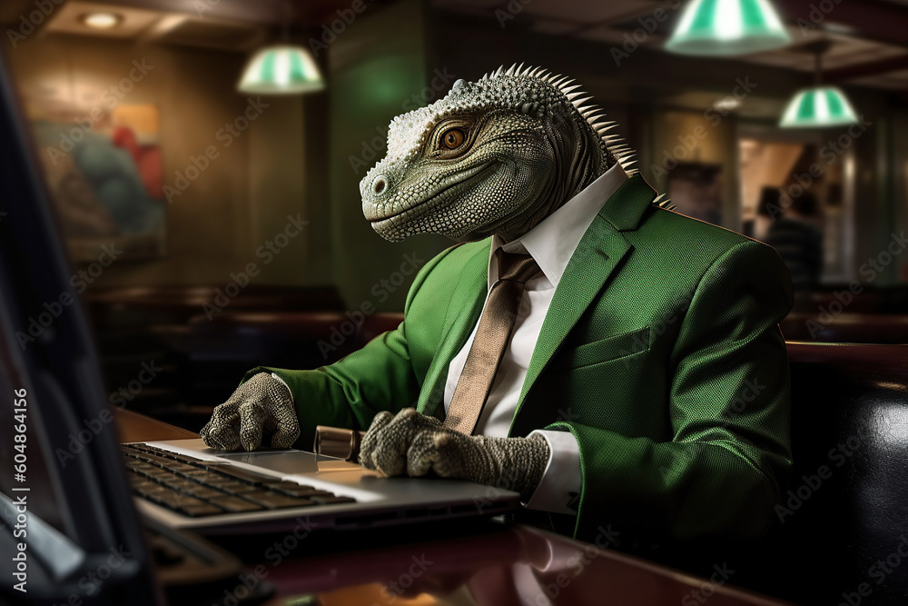 image of iguana in a business suit traveling to work by metro and working on a laptop. image of iguana in a business suit traveling to work by metro and working on a laptop.