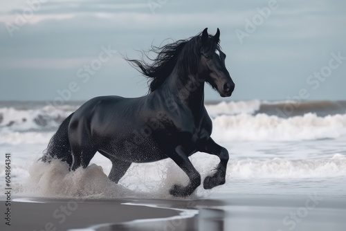 Black Horse in Wild, Running Stallion by Seaside, Abstract Generative AI Illustration © artemstepanov
