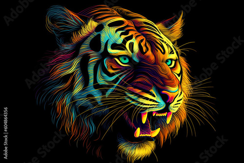 Tiger. Abstract, multicolored, neon portrait of a tiger in the style of pop art on a black background. Generative AI illustration © Anastasia