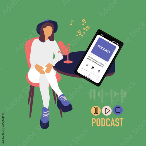 Podcast concept, Radio host with mic flat vector illustration. Female podcaster spiking to mic, broadcaster at workspace cartoon character.