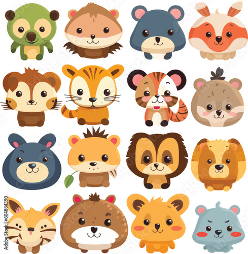 Isolated set with cute animals in cartoon style. Ideal kids design  for fabric  wrapping  textile  wallpaper  apparel  Collection  clip art  vector