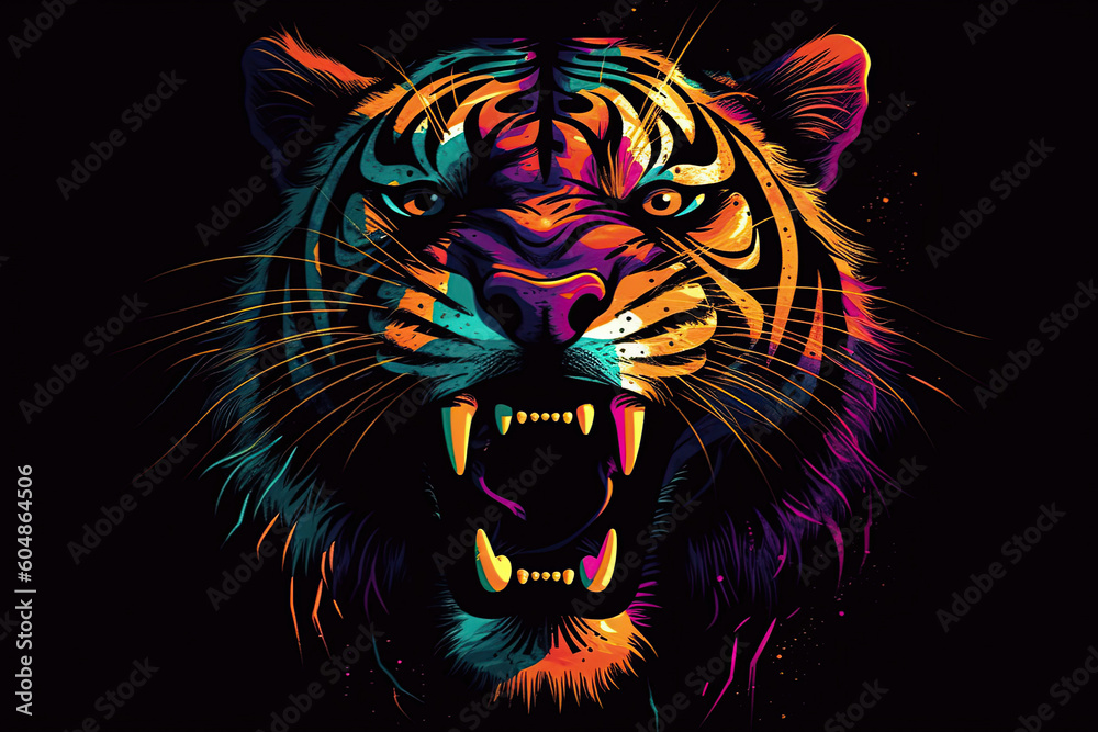 Tiger. Abstract, multicolored, neon portrait of a tiger looking forward, in the style of pop art on a black background. Generative AI illustration
