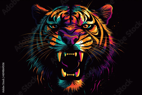 Tiger. Abstract  multicolored  neon portrait of a tiger looking forward  in the style of pop art on a black background. Generative AI illustration