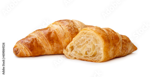 single piece of croissant with half isolated on white background with clipping path and shadow in png file format