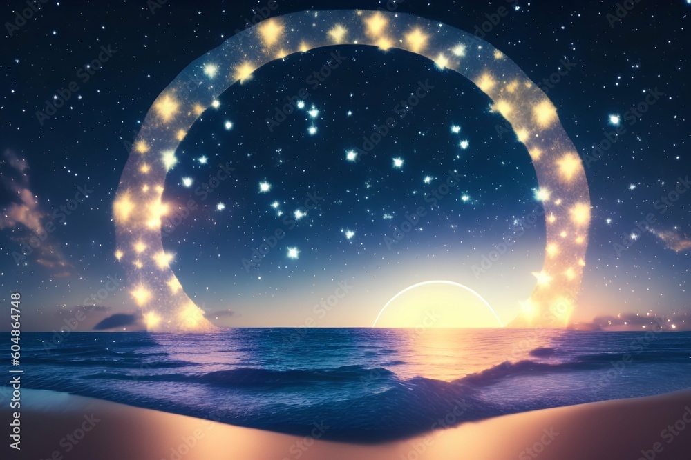 Fototapeta premium starry sky with half moon in natural paradise , 8k - generative ai