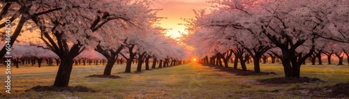 Blossoming Cherry Trees With A Softfocus Sunrise Banner Background. Generative AI