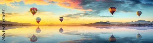 Colorful Hot Air Balloons Floating Against A Blurred Sunrise Banner Background. Generative AI