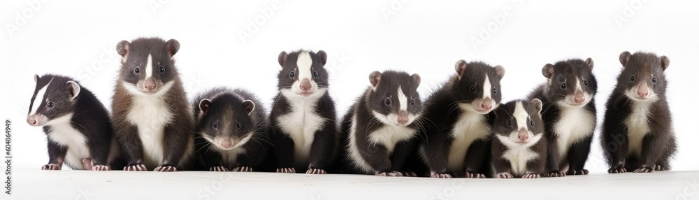 Many Skunks Sitting A Whitte Banner Background. Generative AI