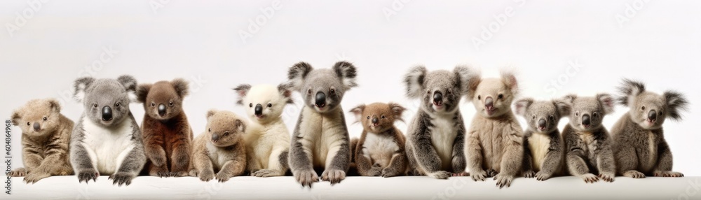 Fototapeta Many Koalas Sitting A Whitte Banner Background. Generative AI