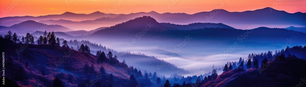 Misty Mountains With A Dreamy Sunrise Glow Banner Background. Generative AI