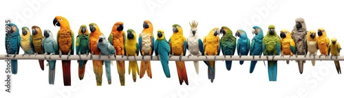 Many Parrots Sitting A Whitte Banner Background. Generative AI