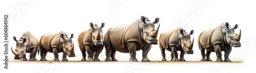 Many Rhinoceroses Sitting A Whitte Banner Background. Generative AI