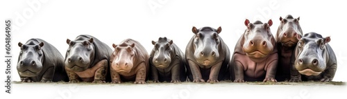 Many Hippos Sitting A Whitte Banner Background. Generative AI