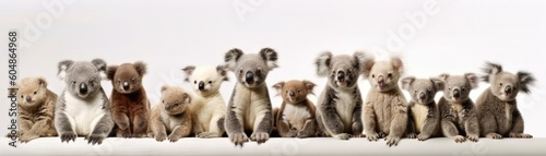 Many Koalas Sitting A Whitte Banner Background. Generative AI © Ян Заболотний