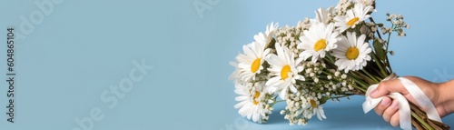 Wide Frame Side Bouquet Of Daisies In Hand With Ribbon Blue Banner Background. Generative AI