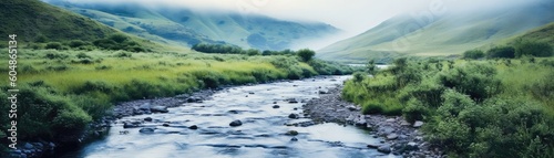 Tranquil River Flowing Through A Misty Valley Banner Background. Generative AI photo