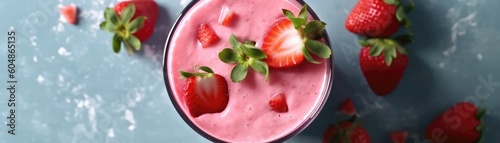Top View Sweet Strawberry Milkshake With Strawberry Syrup Banner Background. Generative AI photo