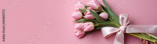 Wide Frame Side Bouquet Of Tulips In Hand With Ribbon Pink Banner Background. Generative AI