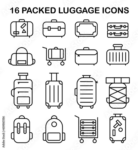 Luggage icons set. Simple black and white line symbols of different