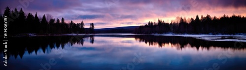 Twilight Sky Reflectinga Calm Blurry Lake Banner Background. Generative AI