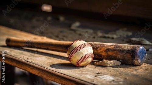 Baseball Bat And Gloves Resting On A Dugout Bench. Generative AI photo