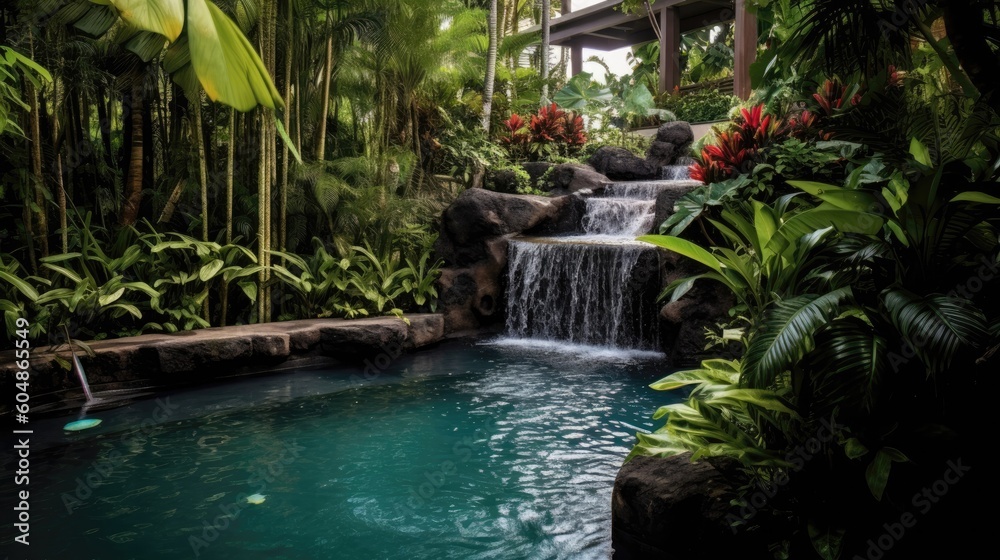 Lush Tropical Waterfall Cascading Into A Crystalclear Pool. Generative AI