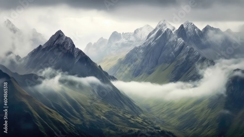 Majestic Mountain Range Shrouded In Mist And Clouds. Generative AI