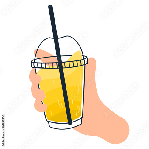 Hand holding drink. Summer drink,lemonade,soda in glass or plastic cups with straw.