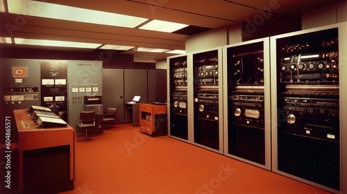Mainframe Computer Room Of The S Featuring Large Reeltoreel Tape Drives. Generative AI photo