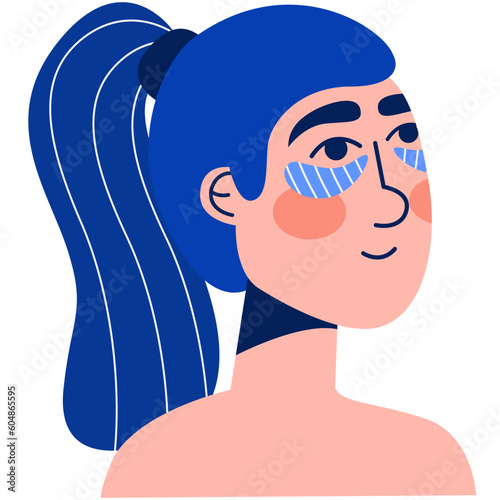 Woman with the blue hair and eyes patch. Daily activity routine. Skincare procedure, dermatology treatment, cosmetology product, clear face, skin beauty.