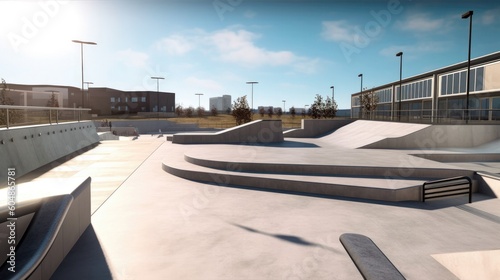 Skate Park With Ramps And Rails Awaiting Skaters. Generative AI