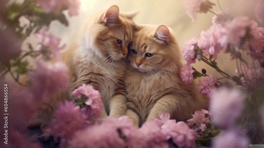 A couple of cats sitting together in a romantic scene amidst beautiful flowers, expressing their love. Generative AI A couple of cats sitting together in a romantic scene amidst beautiful flowers, expressing their love. Generative AI