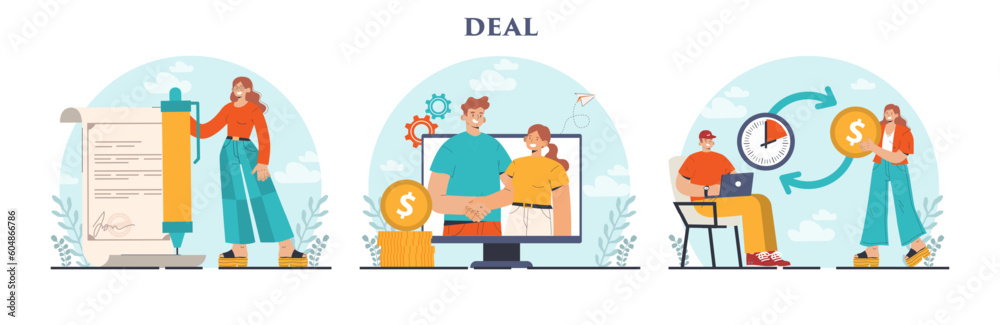 Deal concept set. Entrepreneurs setting an official contract. Idea of partnership - obrazy, fototapety, plakaty 