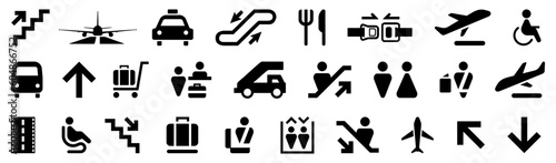Black airport icon collection. Set of black airport service icon. Airport signs collection