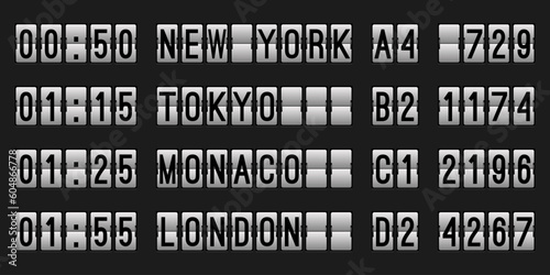 Airport scoreboard with time and city destination on a black background