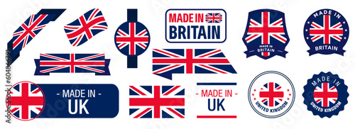 Made in Britain badges with UK flag. Made in UK label collection