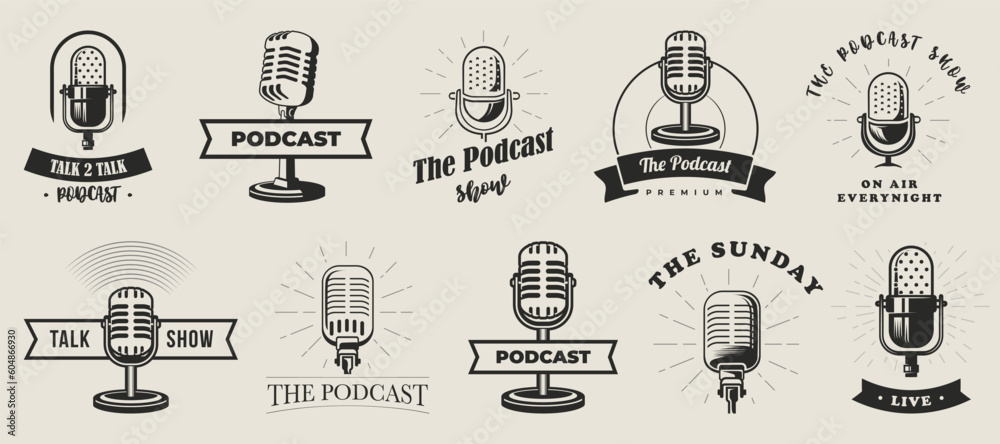 Retro podcast badge icon collection. Set of microphone vintage emblem Retro podcast badge icon collection. Set of microphone vintage emblem