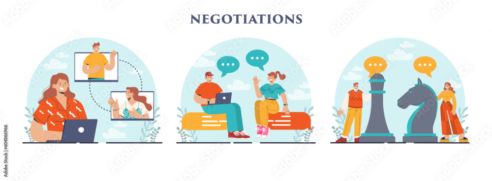 Negotiations concept set. Opinions, directions, interests and points