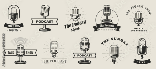 Retro podcast badge icon collection. Set of microphone vintage emblem