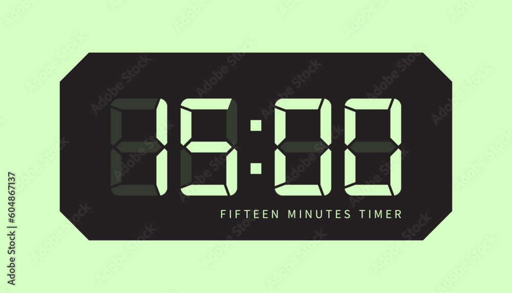 15 Minute Timer Digital Clock Icon, Retro LED Style. Clock, Stop Watch Button, Showing Fifteen Minutes State. Countdown, Cooking, Amount Indication. Isolated Vector. 15 Minute Timer Digital Clock Icon, Retro LED Style. Clock, Stop Watch Button, Showing Fifteen Minutes State. Countdown, Cooking, Amount Indication. Isolated Vector.
