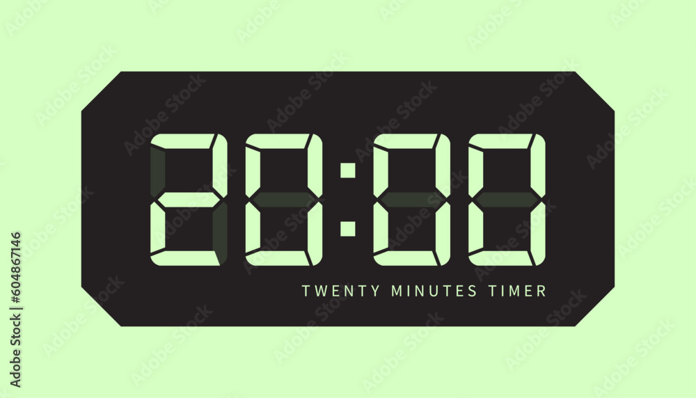 20 Minute Timer Digital Clock Icon, Retro LED Style. Clock, Stop Watch Button, Showing Twenty Minutes State. Countdown, Cooking, Amount Indication. Isolated Vector 20 Minute Timer Digital Clock Icon, Retro LED Style. Clock, Stop Watch Button, Showing Twenty Minutes State. Countdown, Cooking, Amount Indication. Isolated Vector