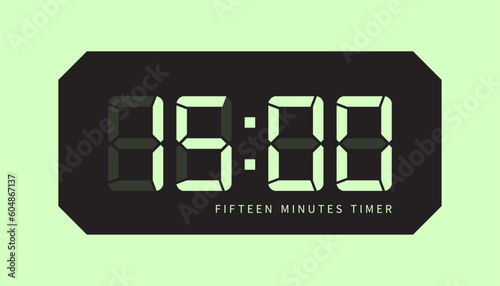 15 Minute Timer Digital Clock Icon, Retro LED Style. Clock, Stop Watch Button, Showing Fifteen Minutes State. Countdown, Cooking, Amount Indication. Isolated Vector.