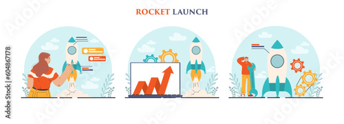 Rocket launch set. Business start up or successful project progress.